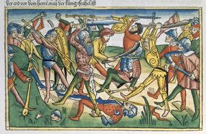 I Samuel 28 1-2 Filisterne kriger mot Israel, fra Nürnbergbibelen (Biblia Sacra Germanaica) (farget tresnitt) av German School
