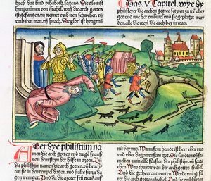 I Samuel 5:1-11 Filisterne griper arken og blir rammet av pesten, fra Nürnbergbibelen (Biblia Sacra Germanaica) (farget tresnitt)
