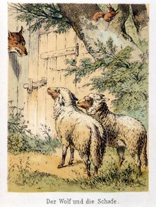 Illustrasjon av Franz Hoffmanns fortellinger "" Fortellinger og fabler - Ulven og sauene"": en ulv som snakker med de to sauene. Kromolitografi fra 1800-tallet. av German School