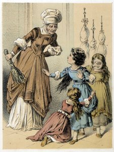 Illustrasjon av Franz Hoffmanns fortellinger "" Tales et Fables - Les 3 Gifts"": en kvinne misbrukte de 3 jentene. Kromolitografi fra 1800-tallet. av German School