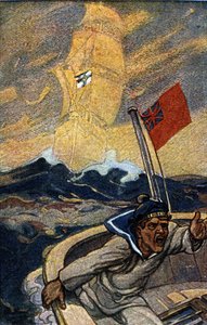 Illustrasjon av tysk propaganda fra magasinet Jugend under 1. verdenskrig. En engelsk sjømann blir terrorisert av utseendet til et spøkelsesskip som fører rikets flagg. av German School
