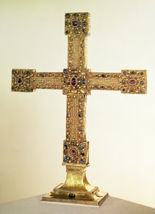 Imperial Cross of the Holy Roman Empire laget av eik dekket med plater av gull og dekorert med perler og edelstener, vesttysk, 1024-25 (eik, gull, edelstener og perler)