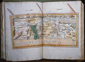 Inc. 425 Kart over det hellige land, basert på beskrivelser og koordinater gitt i Cosmographica, av Ptolemaios (Claudius Ptolemaeus av Alexandria) (ca. 90-168 e.Kr.) utgitt i Ulm, Tyskland, av Johann Reger fo