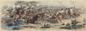 Indianere som overrasker Gauchos på Pampas og drar av gårde med storfeflokken deres (farget gravering) av German School