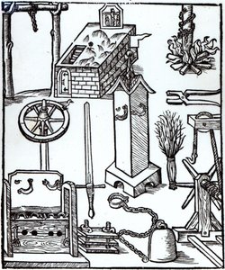 Instrumenter for henrettelse, straff og tortur, illustrasjon fra Bamberger Halsgericht, 1507 av German School