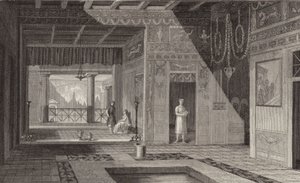 Interiør i et romersk hus i Pompeii. Illustrasjon for Bilder-Atlas (gravering) av German School