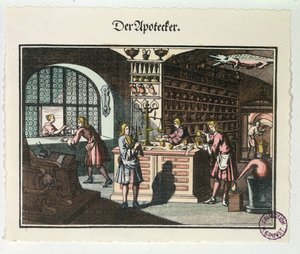 Interiør av en apoteker, ca. 1700 av German School