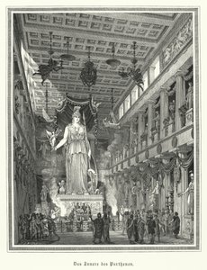 Interiør i Parthenon, Athen, med den kolossale statuen av den greske gudinnen Athena (gravering) av German School