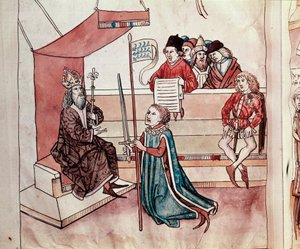 Investitur av en ridder. Miniatyr fra "Chronicles of the Council of Constance" av Ulrich Richental (1360-1437) 1438 omtrent Praha, nasjonalbiblioteket av German School