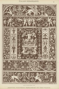 Italiensk renessanse, sgraffitos, tre-mosaikk, marmor-mosaikk og Basso Relievos (farge litho) av German School