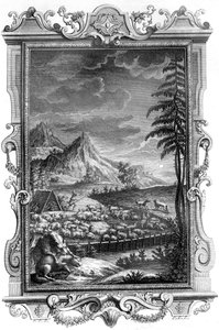 Jakob, den trofaste hyrden, beskyttet saueflokken sin mot angrep fra ulver, 1731 (kobberstikk) av German School