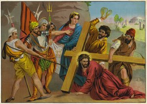 Jesus faller under vekten av korset sitt på vei til korsfestelsen (fargelitografi) av German School