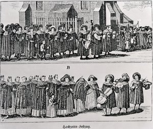 Jødisk karnevalsprosesjon (gravering) (bw-bilde) av German School