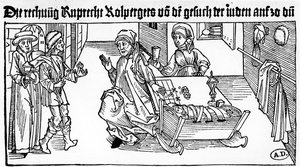 Jødisk pengeutlåner med familien sin som mottar kunder, 1491 (tregravering) av German School