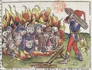 Jøder brent på bålet, fra Nürnberg-krøniken av Hartmann Schedel (1440-1514), 1493 (fargetresnitt) av German School