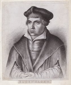 Johannes Bugenhagen (doktor Pomeranus), tysk prest og teolog som introduserer den protestantiske reformasjonen til Pommern og Danmark (gravering) av German School