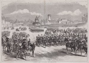 Kaiser Wilhelm I fra Tyskland ser på sin hærparade i Longchamp, Paris, Frankrike, mars 1871 (gravering) av German School