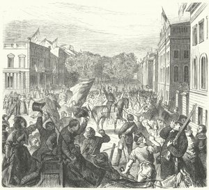 Kong Frederick William IV av Preussen rider forbi Berlin-universitetet på vei for å delta i en massebegravelse av sivile drept i opptøyer, 21. mars 1848 (gravering) av German School