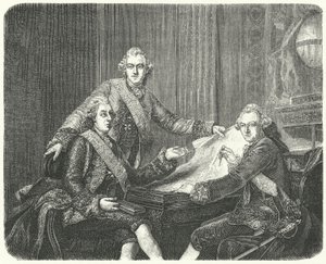 Kong Gustav III av Sverige i samråd med brødrene Charles og Frederick Adolf (gravering) av German School