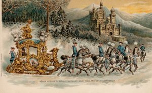 Kong Ludwig II av Bayern reiser til Neuschwanstein slott i en gyllen slede (chromolitho) av German School