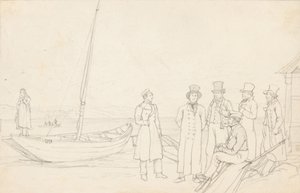 Lakeside scene med syv figurer av German School