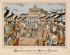 Nedlegging av grunnsteinen til Schiller-monumentet ved Gendarmenmarkt, Berlin, 10. november 1859, med Schauspielhaus i bakgrunnen, fra Neuruppiner Bilderbogen, utgitt av Oehmigle & Ri av German School