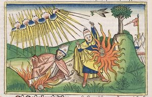 Tredje Mosebok 10 1-2 Nadab og Abihu ofrer uhellig ild og dør, fra Nürnbergbibelen (Biblia Sacra Germanaica) (farget tresnitt) av German School