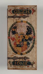Lokk på armbrøstbolteboks tilhørende prins Otto von Hesse, 1615 (malt tre) (se også 312140-43)