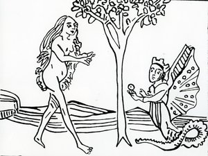 Lilith, bevinget og kronet, med slangehale, tilbyr eplet til Eva, fra 