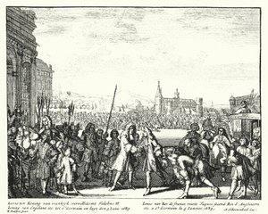 Louis XIV av Frankrike ønsker James II av England velkommen i eksil av German School