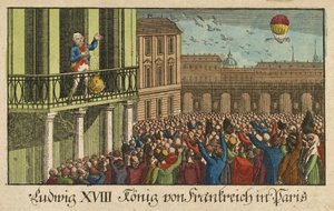 Louis XVIII, konge av Frankrike i Paris, pub. 1814 (håndfarget gravering) av German School