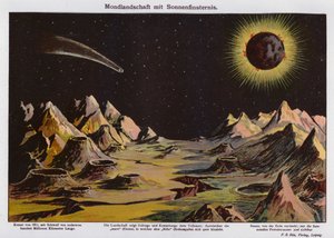 Månelandskap, solformørkelse og kometen fra 1911 (fargelitografi) av German School