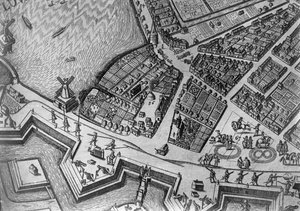 Kart over Hamburg som viser dets første operahus, 1690