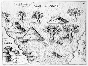 Kart over kysten av Guyana, illustrasjon fra Regni Guianae av G. Raleigh