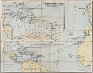 Kart som viser reisene til Christopher Columbus, 1492-1504 av German School