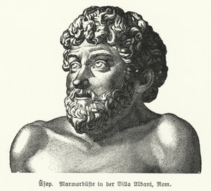 Marmorbyste av Aesop (c620-564 f.Kr.), antikkens gresk fabulist (litho) av German School
