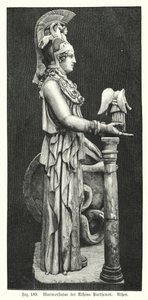 Marmorstatue av den antikke greske gudinnen Athena, fra Parthenon, Athen (gravering) av German School