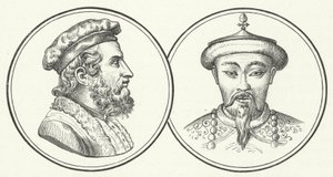 Marco Polo og Kublai Khan (gravering) av German School