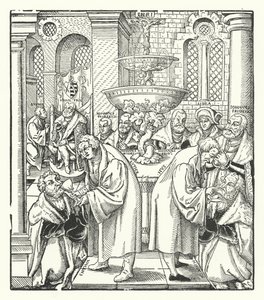 Martin Luther og Jan Hus administrerer nattverden til den saksiske kongefamilien (gravering) av German School
