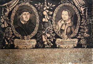 Martin Luther og kona Katharina von Bora (gravering) av German School