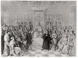 Martin Luther foran Charles V (1500-58) på Diet of Worms, 16. april 1521, fra 