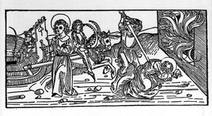Martyrium av Saint Polycarp av Smyrna (ca. 69-155), eveque. Gravering fra "Lives of the Saints - Summer Part (book of the helgen)" av Jacobus (James) av Voragine (1228-1298) av German School