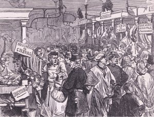 Kjøttmarked i Paris, Cassells historie om krigen mellom Frankrike og Tyskland utgitt av Cassell and Company Limited, ca. 1890 (litho) av German School