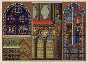 Middelalderske franske glassmalerier: Church of St Denis, Paris; Sainte Chapelle, Paris; Chartres katedral (farge litho) av German School