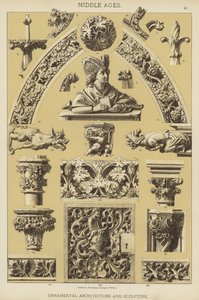 Middelalder, ornamental arkitektur og skulptur (farge litho) av German School
