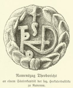 Monogram av Theoderik den store, østgoternes konge (gravering) av German School