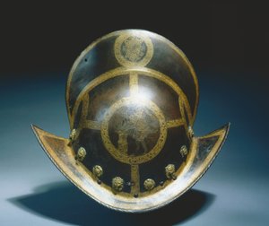 Morion fra statsgarden til kurfyrst Christian I av Sachsen, Nürnberg, ca. 1580-91 (etset og forgylt russet stål) av German School