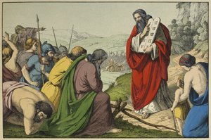 Moses og lovens tavler, illustrasjon fra LAncien Testament, utgitt av Jakob Ferdinand Schreiber, Esslingen (fargegravering) av German School