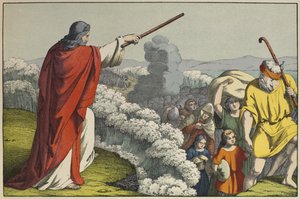 Moses som deler vannet i Rødehavet, illustrasjon fra Lancien Testament, utgitt av Jakob Ferdinand Schreiber, Esslingen (fargegravering) av German School