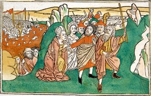 Moses i Rødehavet, scene i Nürnbergs bibel, skrevet på tysk av German School